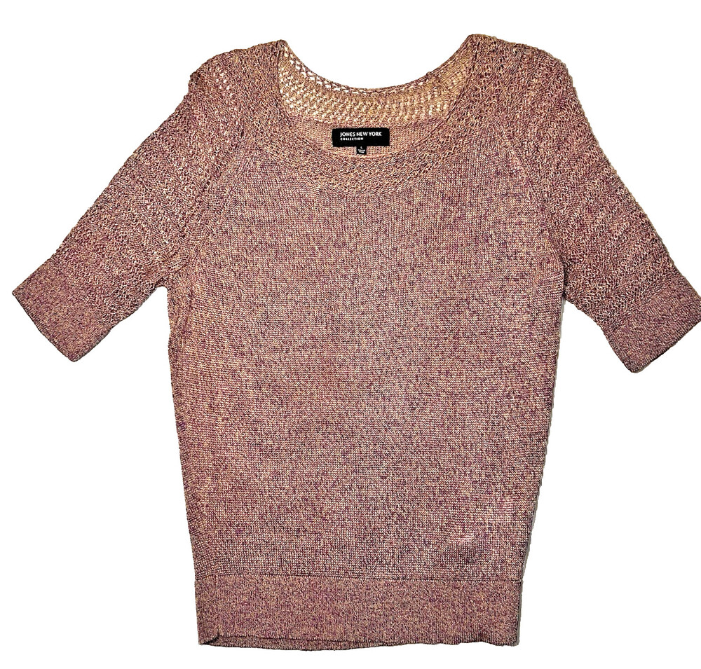 Jones New York Sweater Women's L Purple Gold Round Neck Open Knit Short Sleeves